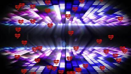 Poster - Animated neon grid sending layered white beams while red heart icons floating in futuristic scene