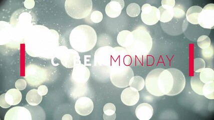Poster - CYBER MONDAY text pulsing over flat design gray bokeh background, flanked by slim red bars
