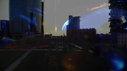 Poster - Architects exploring dusk plaza with animated tech light streaks overlaying curved glass skyscraper
