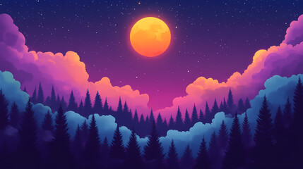 Wall Mural - Vibrant night sky with a full moon and shimmering stars above pine trees and wispy clouds, creating a serene and mystical atmosphere. Nightshade Star. Illustration