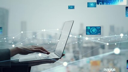 Poster - Woman using laptop and digital video network concept