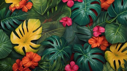 Poster - Vibrant tropical leaf arrangement with colorful flowers