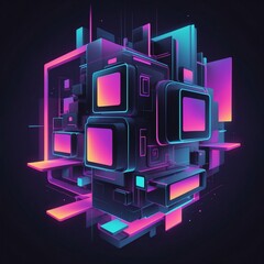 Aufkleber - A futuristic city structure glowing with neon lights and colorful geometric shapes, it shows cutting-edge technology