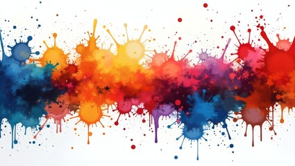 Poster - Colorful watercolor paint splatters create a vibrant and artistic design, evoking a sense of creativity and expression. The splatters range in color.