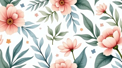 Poster - delicate floral design with watercolor effect, ideal for adding a touch of elegance to any project. Featuring pink blossoms, lush green and blue leaves.