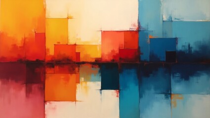 Aufkleber - Abstract painting with warm and cool colors reflecting on water. The painting uses bold colors and geometric shapes to create a sense of depth and movement.