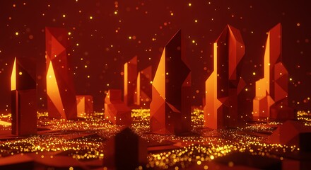 Poster - Abstract Golden Cityscape with Geometric Shapes and Sparkling Lights Design