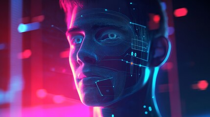 Poster - Futuristic Digital Face Neon Cyberpunk Style Portrait Abstract Technology Artificial Intelligence Modern Digital Art High Tech Vibrant Bright Bold    