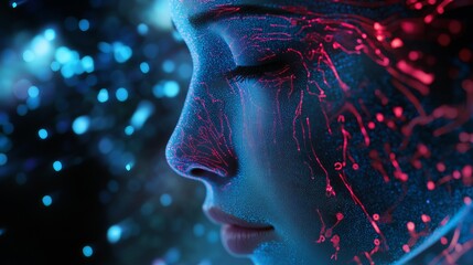 Poster - abstract digital female face portrait neon pink blue glowing lines futuristic technology artificial 