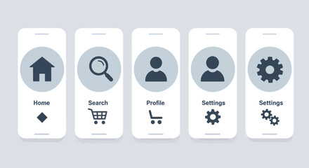 Fototapete - Mobile app navigation bar concepts featuring home search profile settings icons for user interface design