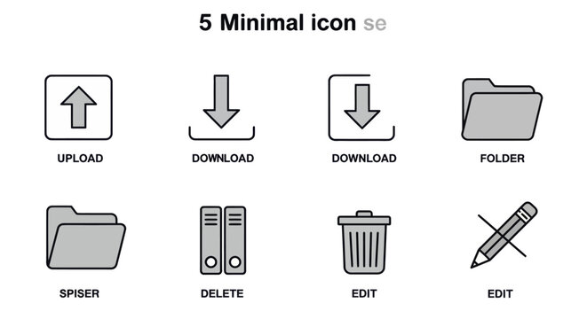 Minimalist icon set for web and mobile design featuring upload download folder delete and edit options for user interface