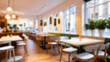 © Adi - blur restaurant, with many tables and chairs. This restaurant has a white color theme, wallpaper, blur cafe background