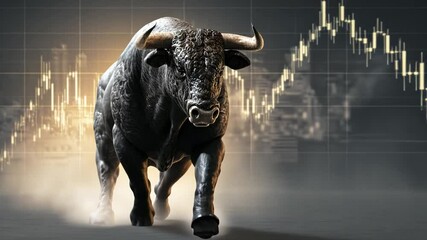 Poster - Charging Bull: A powerful bull, symbolizing strength and resilience, strides confidently in front of a dynamic stock market chart, conveying concepts of financial growth and market bullishness.