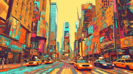 Naklejka na meble Vibrant NYC Street Scene  Yellow Taxis  Skyscrapers  and Colorful Billboards