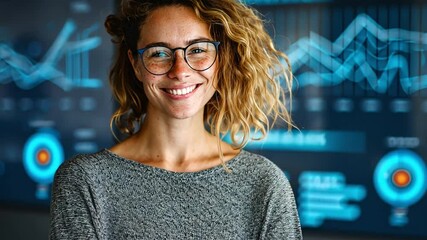 Poster - **Smiling Visionary in Tech: A warm, inviting portrait of a woman with glasses and curly hair, radiating intelligence and confidence.**
