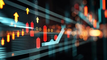 Poster - Stock Market Analysis: A dynamic digital illustration of financial market trends, using lines, charts, and arrows to visually represent data, market, and financial movement. 