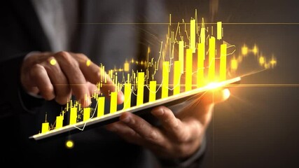 Poster - Business Growth Chart: Hands holding a digital tablet displays an upward trending chart, depicting financial growth and success, against a dark background. Emphasizing progress, investment.