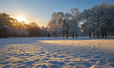 Wall Mural - Scenic winter landscape with christmas tree covered in snow at sunrise festive atmosphere