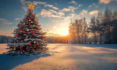 Wall Mural - Serene Christmas Scene: Decorated Tree Stands Tall Against a Winter Wonderland Sunset