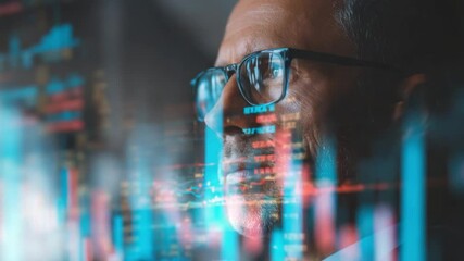 Poster - Analyzing the Data: A Focused Gaze at Financial Graphs, Intricately reflecting the focused concentration of a person examining real-time financial data.