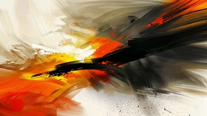 Poster - dynamic abstract painting bold strokes of orange, black, and yellow create energetic composition, ev