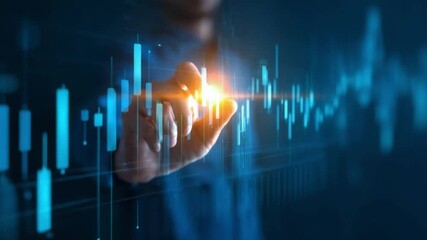 Poster - Trading Analytics: An individual hand interacts with an interactive financial trading platform, emphasizing market analysis and strategy.