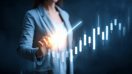 Poster - Strategic Investment: A business person interacts with a dynamic financial chart, visualizing growth. A testament to business strategy and innovation, representing market analytics, future vision.