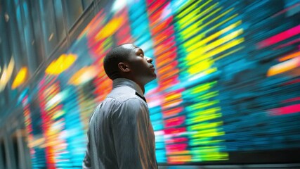 Poster - Contemplation of The Digital World: A man gazing at a dynamic, multi-colored display that symbolizes data flow and technological advancements.