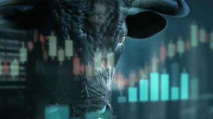 Poster - Bullish Market Metaphor: A formidable bull looms large, its silhouette superimposed over a dynamic financial chart, symbolizing strength, market growth, and the bullish trend