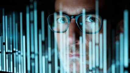 Poster - Data Analyst Immersed: A close-up shot of a data analyst immersed in the complex world of information, his focused gaze reflecting the intricate details of digital data visualization.
