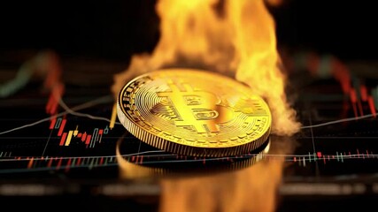 Poster - Bitcoin on Fire: A close-up shot captures a Bitcoin, encircled by dynamic flames, set against a background of a stock chart, symbolizing volatility.