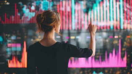 Poster - Visionary Analyst: A focused woman, her gaze fixed upon an intricate array of glowing charts and data, her finger poised as if she's about to interact with the information, symbolizing analysis.