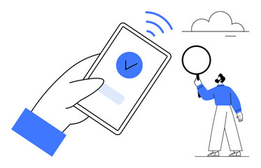 Poster - hand holding smartphone showing completed task, person with magnifying glass, and cloud. ideal for p