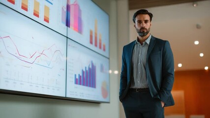 Poster - Business Leader Examining Data: An elegant business leader stands confidently before a large display of detailed data visualizations.