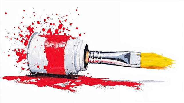 Pixel Art of a Spilled Red Paint Can with Brush on White Background