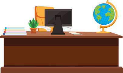 Study Table Front View Desktop Globe And Books Vector