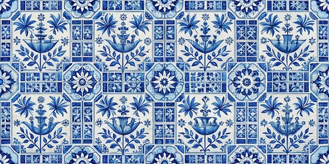 Naklejka na meble Delft Blue Seamless Pattern with Vintage Dutch Tile Decor, dutch ceramic, tile pattern