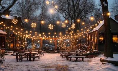 Wall Mural - Enchanting winter outdoor dining experience illuminated with string lights and snowflakes