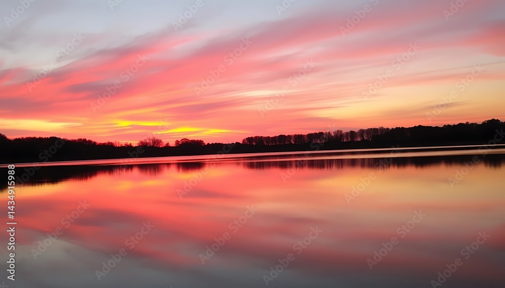 Serene Sunset: Pink Hues Reflecting on Calm Lake