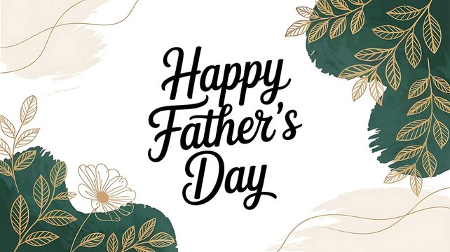 Happy Father's Day Calligraphy in center abstract art background vector. Luxury minimal style wallpaper with golden line art flower and botanical leaves created with generative ai