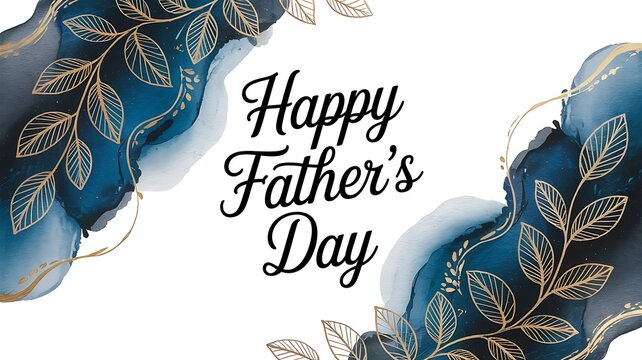 Happy Father's Day Calligraphy in center abstract art background vector. Luxury minimal style wallpaper with golden line art flower and botanical leaves created with generative ai