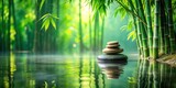 Calm water reflects serene Zen stone amidst lush greenery and towering bamboo, evoking a sense of tranquility and balance in a peaceful spa setting, bamboo, greenery