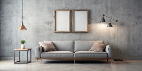 Canvas Print - sleek sofa against minimalist wall decor with industrial-chic lamp and geometric art frame, industri