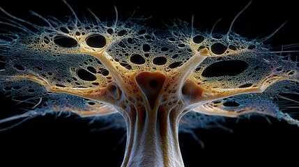 Intricate, bioluminescent, organic structure against a dark background.