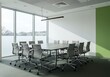 © Muaz - Conference room with large windows, a long table, and multiple office chairs in a modern office space