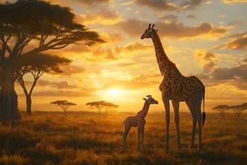 a giraffe family stands in the african savanna at sunset with trees and golden light in the backgrou