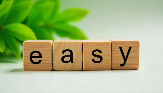 Wooden blocks spelling “easy” with green leaves in the background, symbolizing simplicity and natural ease created with generative ai