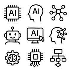 Poster - Set cute doodle icons representing artificial intelligence, machine learning, robotics, neural networks, and digital technology