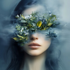 Poster - Emotional portrait of a woman with nature elements studio digital art surreal environment close-up view inner harmony