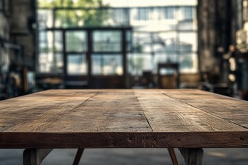 Poster - A rustic wooden table placed in an industrial space, filled with soft natural light. The scene emphasizes simplicity and craftsmanship, creating a cozy atmosphere.